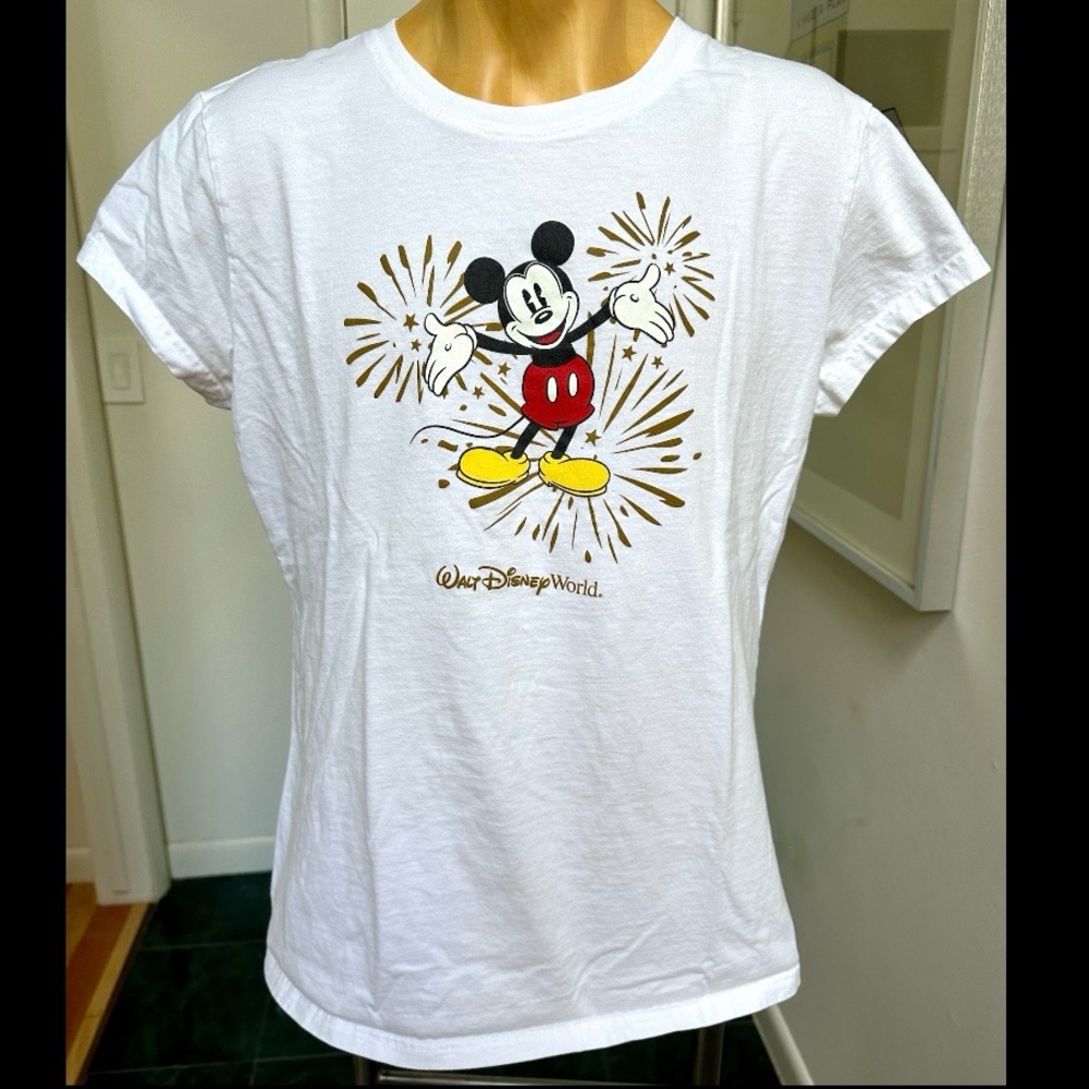 WALT DISNEY WORLD LADIES WHITE COTTON TSHIRT RETRO MICKEY MOUSE SCOOP NECK XL